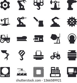 Solid vector icon set - hook flat vector, concrete mixer, cogwheel, drill screwdriver, weighing machine, turk, coffee, tractor, sprinkling, oil pumping, robotics, cash, tomography, printer, copy, cpu