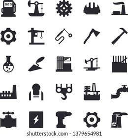 Solid vector icon set - hook flat vector, trowel, cogwheel, drill screwdriver, hard hat, switch box, ax, hammer, oil production platform, pumping, main pipeline, chemistry, gas station, refueling