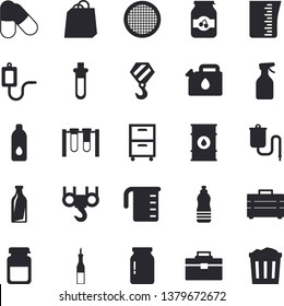 Solid vector icon set - hook flat vector, tool bag, meashuring cup, glass jar, sieve, sauce, jam, pulverizer, oil tanks, canister, bottles, bags, medical warmer, analysis, archive, beakers, pills