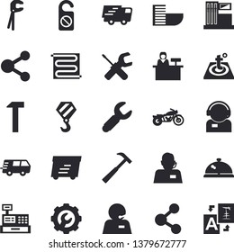 Solid vector icon set - hook flat vector, tool, repair, warm floor, hammer, gas station, wrench, telephone operator, trucking, express delivery, cash machine, phone, motorcycle fector, jingle, share