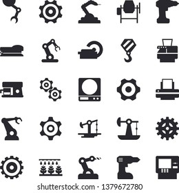 Solid vector icon set - hook flat vector, concrete mixer, cogwheel, drill screwdriver, weighing machine, coffee, sprinkling, oil pumping, robotics, tomograph, printer, copy, stapler, robot hand