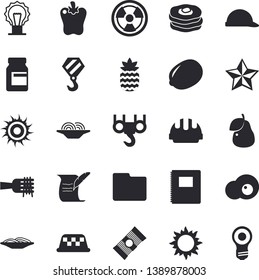 Solid vector icon set - hook flat vector, hard hat, spaghetti, lemon, on a fork, bell pepper, scrambled eggs, pineapple, pear, pancakes, sun, radiation, computer file, hostory roll, notebook, fector