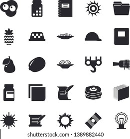 Solid vector icon set - hook flat vector, hard hat, spaghetti, lemon, on a fork, scrambled eggs, pineapple, pear, pancakes, sun, computer file, sticker, hostory roll, notebook, vitamins, fector
