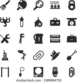 Solid vector icon set - hook flat vector, tool, energy saving lamp, construction plummet, weighing machine, electric kettle, potholder, rolling pin, sprinkling, pitchfork, shovel, magnifier, clip