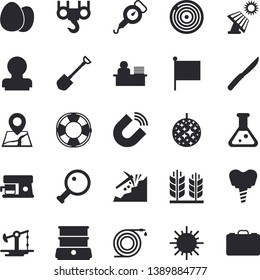 Solid vector icon set - hook flat vector, spring balance, knives, double boiler, coffee machine, egg, shovel, hose, sun, solar battery, oil pumping, magnet, mining, flag, implant, office worker, ear