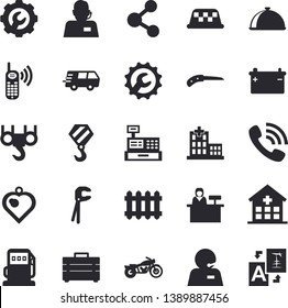 Solid vector icon set - hook flat vector, tool, bag, repair, dish, knife, refueling, accumulator, radiator, telephone operator, phone call, trucking, cash machine, hospital, motorcycle fector, taxi