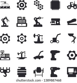 Solid vector icon set - hook flat vector, concrete mixer, cogwheel, drill screwdriver, coffee machine, tractor, sprinkling, lawn mower, oil pumping, cash, copy, stapler, robot hand, cpu, industrial