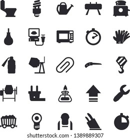 Solid vector icon set - hook flat vector, concrete mixer, toilet, stopwatch, knives, microwave, toaster, knife, watering can, gloves, plug socket, construction worker, wrench, mining, ultrasound