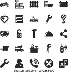 Solid vector icon set - hook flat vector, tool, warm floor, hammer, dish, accumulator, wrench, radiator, phone call, trucking, express delivery, cash machine, ambulance, operator, motorcycle fector