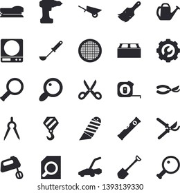 Solid vector icon set - hook flat vector, wheelbarrow, drill screwdriver, tape measure, paint brush, level meter, repair, brick, stationery knife, weighing machine, ladle, scissors, mixer, sieve