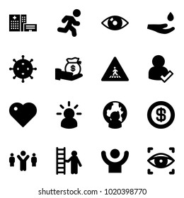 Solid vector icon set - hospital building vector, run, eye, drop hand, virus, investment, pedestrian road sign, user check, heart, idea, man globe, dollar, team leader, opportunity, success, scanner