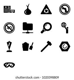 Solid vector icon set - hospital building vector, onion, round motion road sign, no left turn, end minimal speed limit, network folder, magnifier, world, pennant, bucket scoop, sledgehammer, nut