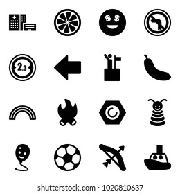 Solid vector icon set - hospital building vector, lemon slice, dollar smile, no left turn road sign, limited width, arrow, win, banana, rainbow, fire, nut, pyramid toy, balloon, soccer ball, bow