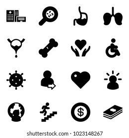 Solid vector icon set - hospital building vector, bacteria, stomach, lungs, bladder, broken bone, heart care, disabled, virus, user login, idea, man globe, career, dollar