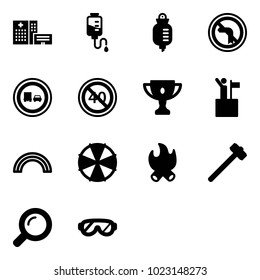 Solid vector icon set - hospital building vector, drop counter, no left turn road sign, truck overtake, end minimal speed limit, gold cup, win, rainbow, parasol, fire, sledgehammer, magnifier