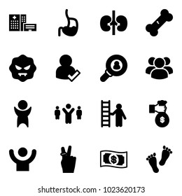 Solid vector icon set - hospital building vector, stomach, kidneys, broken bone, virus, user check, head hunter, group, success, team leader, opportunity, rich, victory, money, feet
