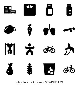 Solid vector icon set - hospital building vector, floor scales, pills bottle, vial, lemon, carrot, lungs, push ups, pull, gymnastics, bike, banana, pear, spica, garbage