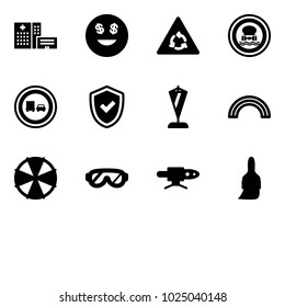 Solid vector icon set - hospital building vector, dollar smile, round motion road sign, no dangerous cargo, truck overtake, shield check, pennant, rainbow, parasol, protective glasses, pipe welding