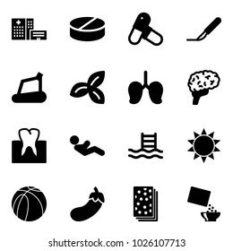 Solid vector icon set - hospital building vector, pill, pills, scalpel, treadmill, three leafs, lungs, brain, tooth, abdominal muscles, pool, sun, basketball ball, eggplant, breads, cereal