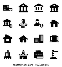 Solid vector icon set - hospital building vector, bank, account, home, doors, sand fort, sea hotel, lighthouse