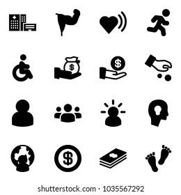 Solid vector icon set - hospital building vector, power hand, heart beat, run, disabled, investment, user, group, idea, head bulb, man globe, dollar, feet