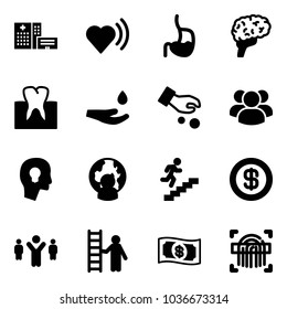 Solid vector icon set - hospital building vector, heart beat, stomach, brain, tooth, drop hand, investment, group, head bulb, man globe, career, dollar, team leader, opportunity, money
