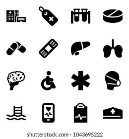 Solid vector icon set - hospital building vector, medical label, vial, pill, pills, patch, liver, lungs, brain, disabled, ambulance star, mask, pool, mobile heart monitor, pulse clipboard