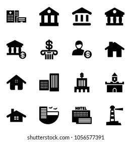 Solid vector icon set - hospital building vector, bank, account, home, sand fort, hotel, sea, lighthouse