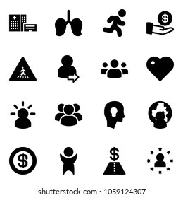Solid vector icon set - hospital building vector, lungs, run, investment, pedestrian road sign, user login, group, heart, idea, head bulb, man globe, dollar, success, star