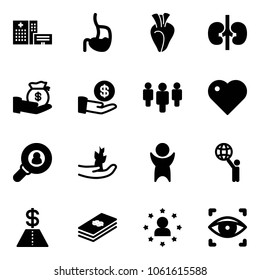 Solid vector icon set - hospital building vector, stomach, heart, kidneys, investment, group, head hunter, hand sproute, success, world, dollar, star man, eye scanner