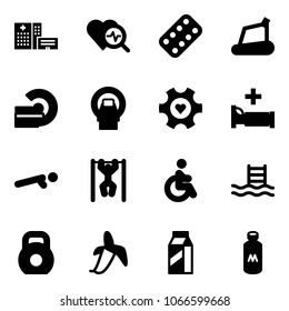Solid vector icon set - hospital building vector, heart diagnosis, pills blister, treadmill, mri, gear, bed, push ups, pull, disabled, pool, weight, banana, milk
