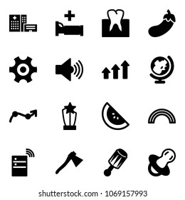 Solid vector icon set - hospital building vector, bed, tooth, eggplant, gear, volume max, arrows up, globe, chart point arrow, award, watermelone, rainbow, server wireless, axe, beanbag, soother