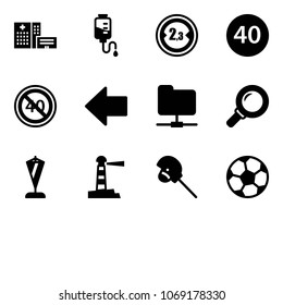 Solid vector icon set - hospital building vector, drop counter, limited width road sign, minimal speed limit, end, left arrow, network folder, magnifier, pennant, lighthouse, horse stick toy