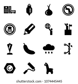 Solid vector icon set - hospital building vector, drop counter, onion, no left turn road sign, dangerous cargo, highlight marker, world, win, pennant, banana, rain cloud, bezier, nut, paint roller
