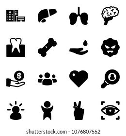 Solid vector icon set - hospital building vector, liver, lungs, brain, tooth, broken bone, drop hand, virus, investment, group, heart, head hunter, idea, success, victory, eye scanner