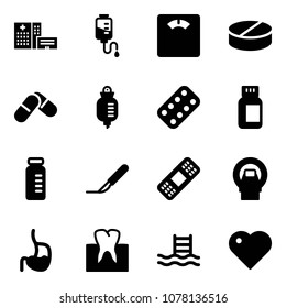 Solid vector icon set - hospital building vector, drop counter, floor scales, pill, pills, blister, bottle, vial, scalpel, medical patch, mri, stomach, tooth, pool, heart