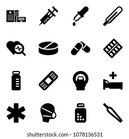 Solid vector icon set - hospital building vector, syringe, pipette, thermometer, heart diagnosis, pill, pills, blister, vial, medical patch, mri, bed, ambulance star, mask, bottle, forceps