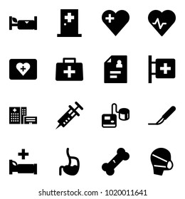 Solid vector icon set - hotel vector, first aid room, heart, pulse, kit, doctor bag, patient card, hospital building, syringe, tonometer, scalpel, bed, stomach, broken bone, medical mask