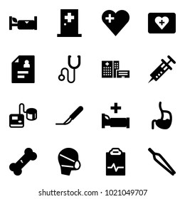 Solid vector icon set - hotel vector, first aid room, heart, kit, patient card, stethoscope, hospital building, syringe, tonometer, scalpel, bed, stomach, broken bone, medical mask, pulse clipboard