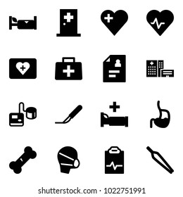 Solid vector icon set - hotel vector, first aid room, heart, pulse, kit, doctor bag, patient card, hospital building, tonometer, scalpel, bed, stomach, broken bone, medical mask, clipboard, forceps