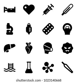 Solid vector icon set - hotel vector, heart, syringe, thermometer, lab, drop counter, pills blister, mri, liver, medical mask, virus, pool, flask, molecule, forceps