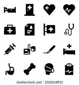 Solid vector icon set - hotel vector, first aid room, heart, pulse, doctor bag, patient card, stethoscope, syringe, tonometer, scalpel, hospital bed, stomach, broken bone, medical mask, clipboard