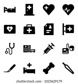 Solid vector icon set - hotel vector, first aid room, heart, pulse, kit, doctor bag, patient card, stethoscope, hospital building, syringe, tonometer, scalpel, bed, broken bone, forceps