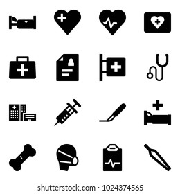 Solid vector icon set - hotel vector, heart, pulse, first aid kit, doctor bag, patient card, room, stethoscope, hospital building, syringe, scalpel, bed, broken bone, medical mask, clipboard