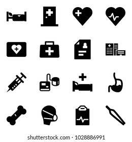 Solid vector icon set - hotel vector, first aid room, heart, pulse, kit, doctor bag, patient card, hospital building, syringe, tonometer, bed, stomach, broken bone, medical mask, clipboard, forceps