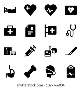 Solid vector icon set - hotel vector, heart, pulse, first aid kit, doctor bag, patient card, room, stethoscope, hospital building, syringe, tonometer, scalpel, stomach, broken bone, medical mask