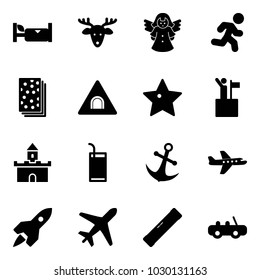 Solid vector icon set - hotel vector, christmas deer, angel, run, breads, tunnel road sign, star, win, sand fort, drink, anchor, plane, rocket, level, toy car