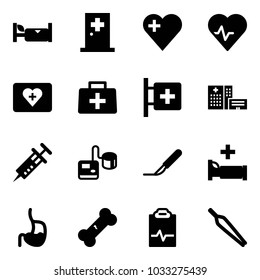 Solid vector icon set - hotel vector, first aid room, heart, pulse, kit, doctor bag, hospital building, syringe, tonometer, scalpel, bed, stomach, broken bone, clipboard, forceps
