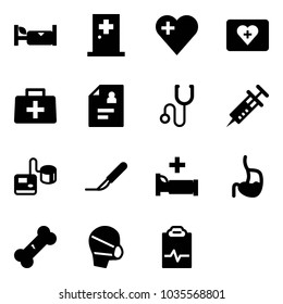 Solid vector icon set - hotel vector, first aid room, heart, kit, doctor bag, patient card, stethoscope, syringe, tonometer, scalpel, hospital bed, stomach, broken bone, medical mask