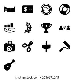 Solid vector icon set - hotel vector, credit card, limited distance road sign, circle chart, growth, golden branch, gold cup, information exchange, camera, scissors, crown drill, paint roller